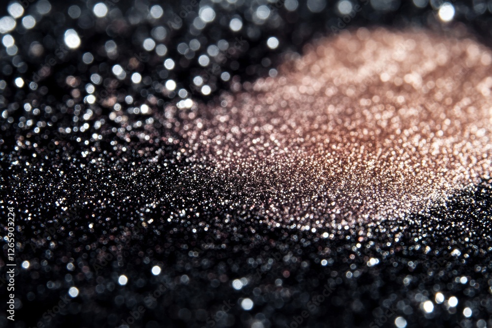 Poster glistening eyeshadow particles scatter artfully across a smooth black surface, reflecting light bril