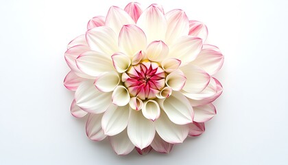 Fototapeta premium Top view of a white and pink Dahlia flower with detailed petal arrangement, isolated on a white background.