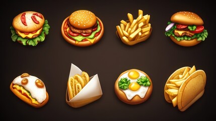 Assorted Cartoon Fast Food Icons on a Dark Background for Menu Design