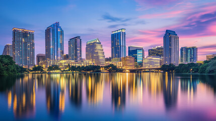 Naklejka premium Modern skyscrapers rising above skyline at dusk