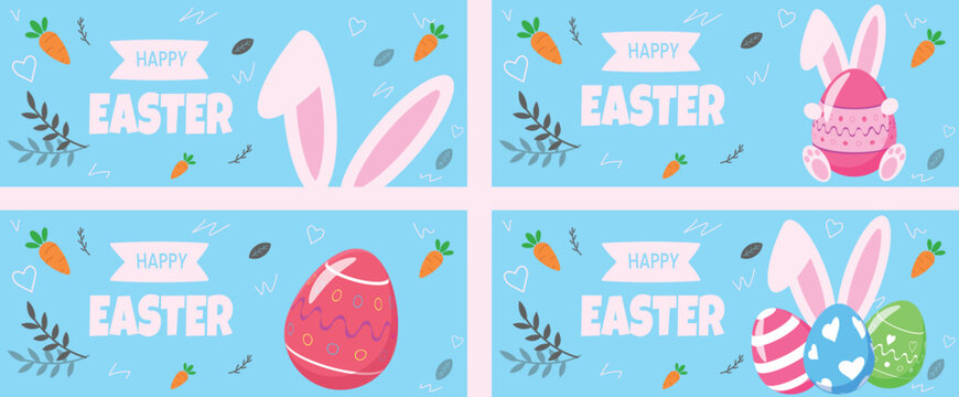 Colorfull Happy Easter day banner with bunny, rabitt, eggs 