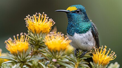Obraz premium Mountain hummingbird perched on yellow flowers, blurred green background, nature photography, wildlife