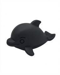 A simple, stylized black dolphin figurine sits against a plain white background, showcasing its streamlined design and minimalist features.
