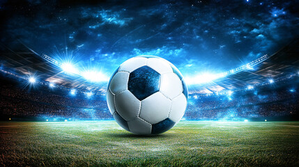 Fototapeta premium Soccer ball on a bright green field, under stadium lights and a dark, starry sky.