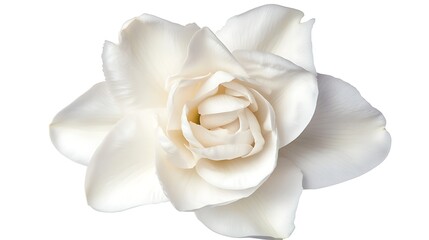 Top view of a white gardenia with delicate petals, isolated on a white background.