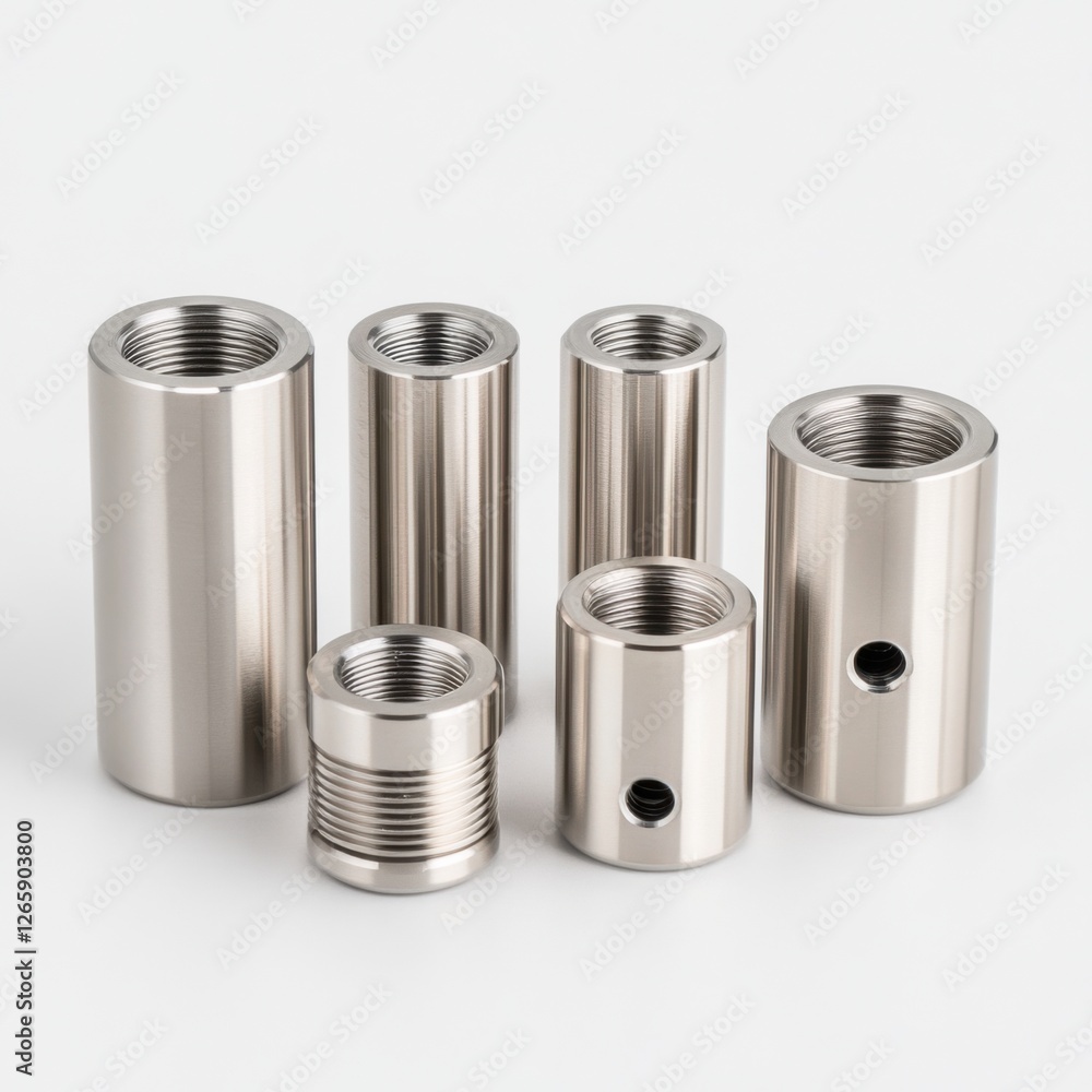 Poster collection of metallic cylindrical components with internal threads and various sizes for industrial