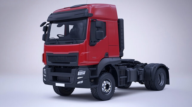 Red cab-over semi-truck with all-terrain tires, showcasing a clean and detailed design against a plain backdrop.