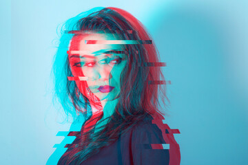close-up portrait of young woman effect glitch