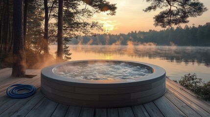 Hot tub relaxation by lake under sunrise in forest. Possible vacation rental image