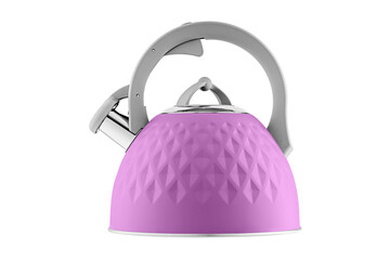 kettle with whistle, matte Pink color, with rhombus texture on isolated and white background...