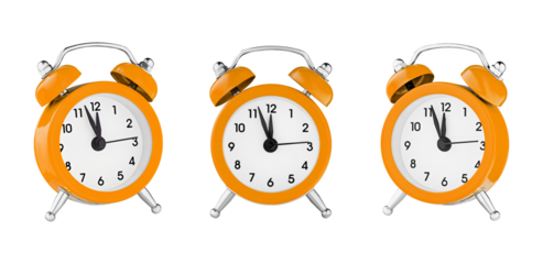 classic watch, pointer clock, Orange color alarm watch on isolated white background close up