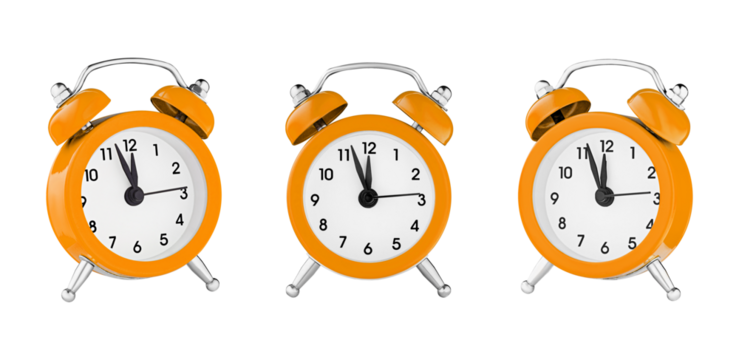 classic watch, pointer clock, Orange color alarm watch on isolated white background close up