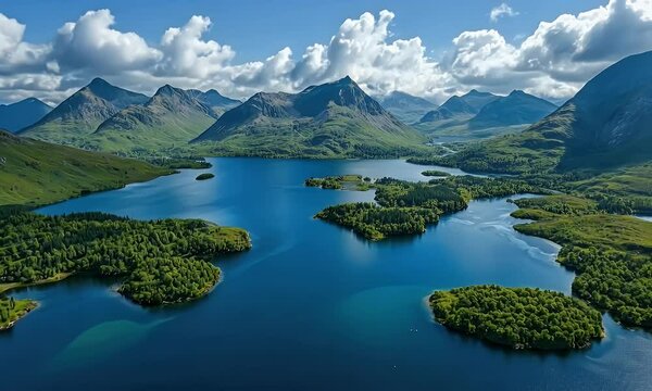 Aerial View of Loch Leven, Scotland: Mountains, Islands, and Blue Water