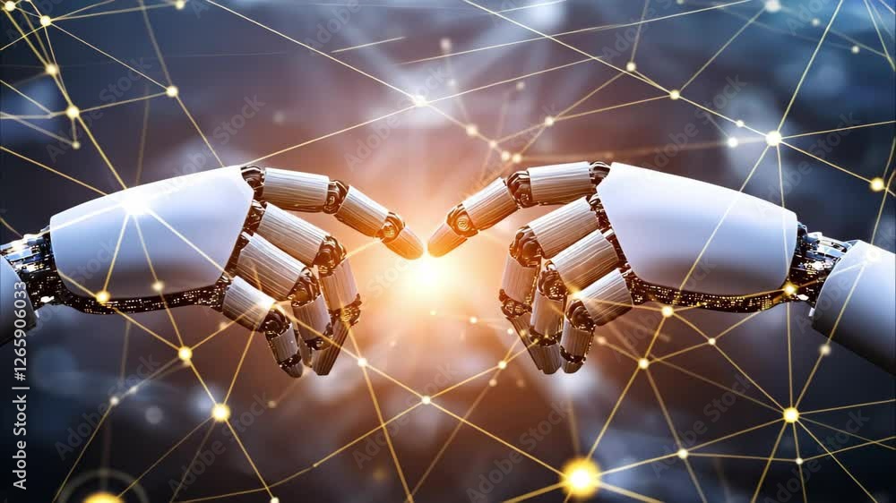 Poster two robotic hands reaching toward each other, with a glowing light source between them, symbolizing 