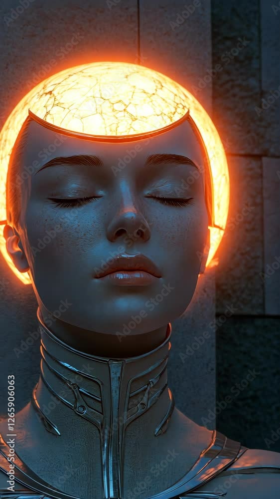 Poster futuristic humanoid figure with glowing halo rests in tranquility against a textured background in a