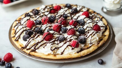 Berry Pizza With Whipped Cream, Raspberries, And Chocolate Drizzle. Sweet Dessert. Delicious And Colorful.