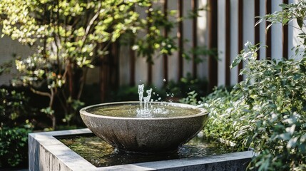Round stone fountain with water feature in a peaceful garden