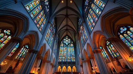 Obraz premium Grand Cathedral Interior with Colorful Stained Glass Windows