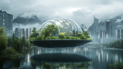 Floating greenhouse surrounded by modern architecture and misty mountains at dawn