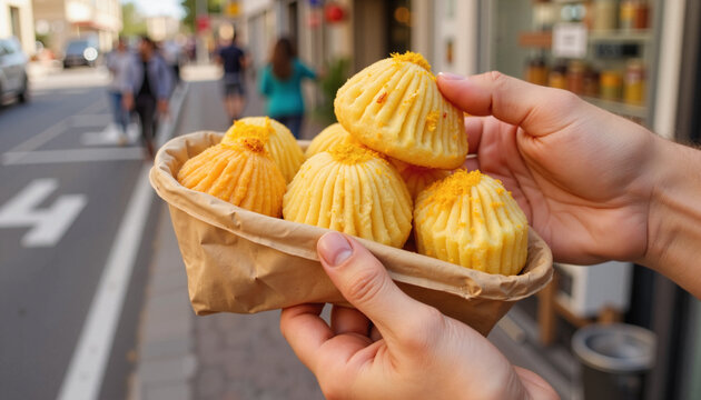 Person holding traditional sweet pastries on a city street