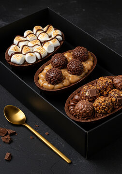 Trio de Ovos de P&aacute;scoa Artesanais de Chocolate com Embalagem Premium Preta 