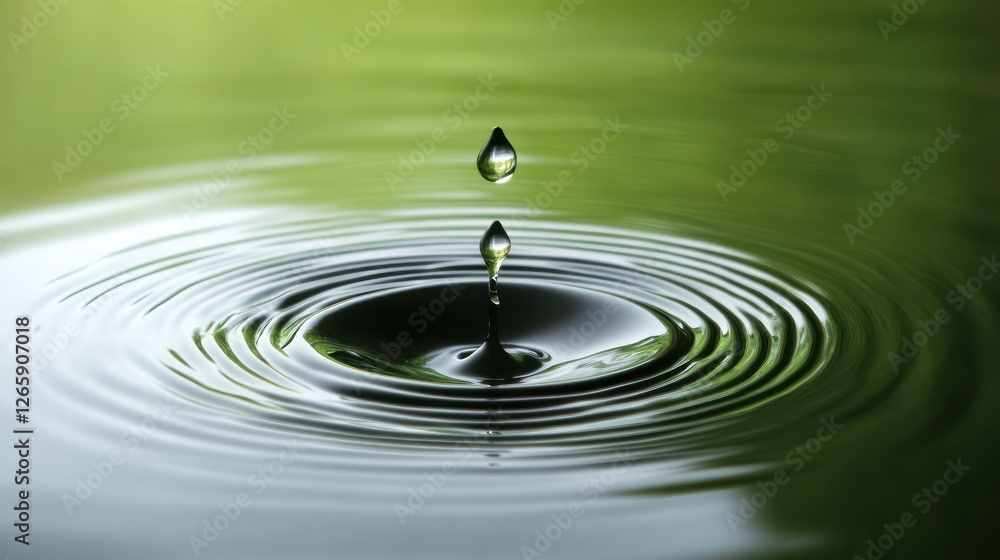 Poster captivating water droplet collision creating ripples on a green surface