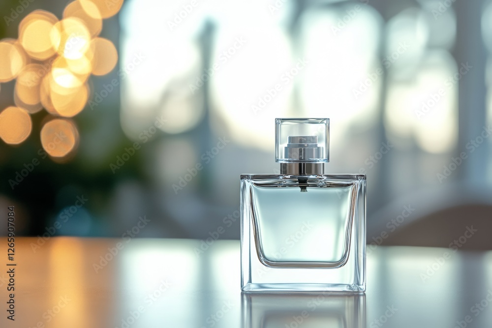 Poster the design features a clean, square perfume bottle with a simple cap, highlighted by an elegant and 