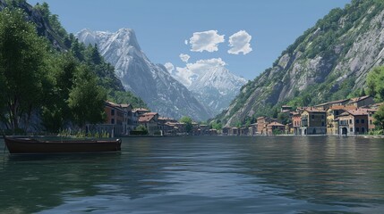 Fototapeta premium Mountain lake village scene with a boat, calm water