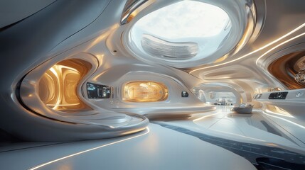 Fototapeta premium a futuristic home interior resembling a spaceship, with curved metallic walls, built-in lights, and smart control panels. 