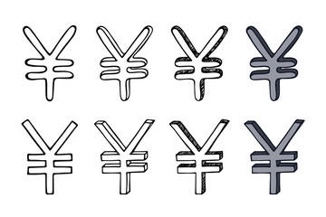Hand drawn yen set Brush stroke doodle Single element for design