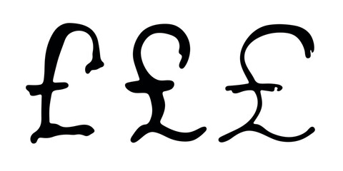 Hand drawn british pound currency symbol set Brush stroke doodle Single element for design