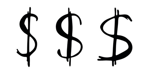 Hand drawn dollar currency symbol set Brush stroke doodle Single element for design