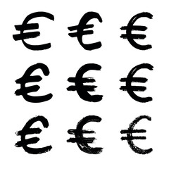 Obraz premium Hand drawn euro currency symbol set Brush stroke doodle Single element for design