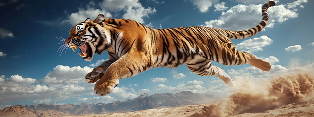 Fototapeta premium A majestic tiger, baring its fangs and leaping into the air with incredible speed 