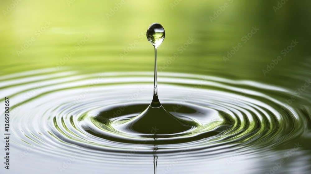 Poster water drop creating ripples on a calm green surface serene macro shot