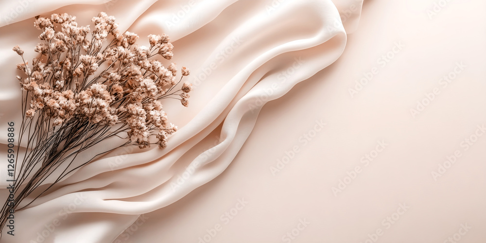 Poster delicate dried flowers resting on flowing mocha mousse-colored fabric, creating an elegant and soft 