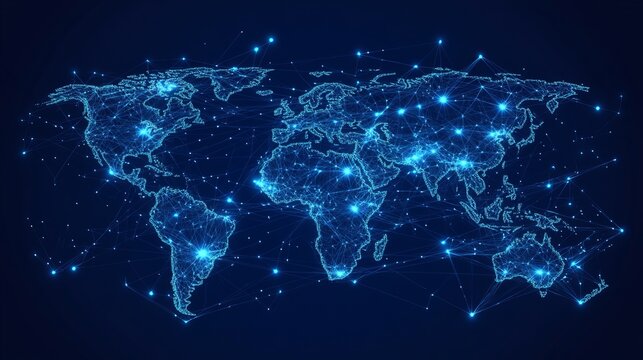 Fototapeta Connected World Map Network, Concept For Global Business, Science, Or Technology. Data Connections Around Earth.