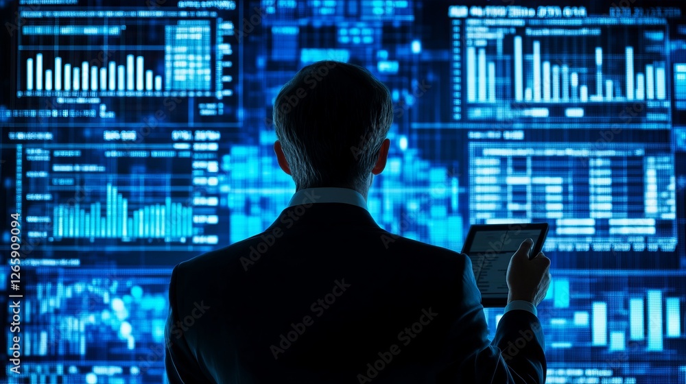 Poster analyzing data. businessman analyzing charts on screens, using tablet. stock market analytics. techn