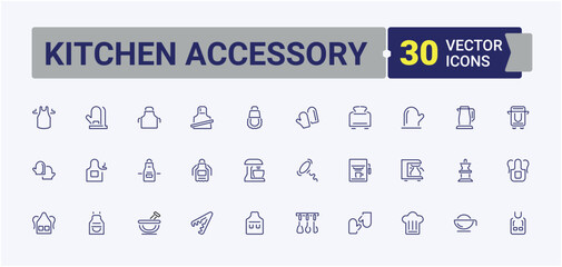 Set of Kitchen Accessory line icons. Featuring microwave, tool, cup, graphic, food, kitchenware and more. Simple icon designs. Editable vector stroke.