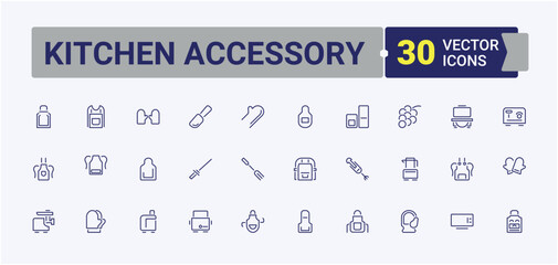 Set of Kitchen Accessory line icons. Featuring microwave, tool, cup, graphic, food, kitchenware and more. Simple icon designs. Editable vector stroke.