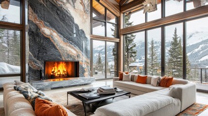 Luxurious living room with fireplace and snowy mountain view