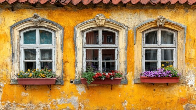 Fototapeta Old European Building Facade with Ornate Windows & Flowers