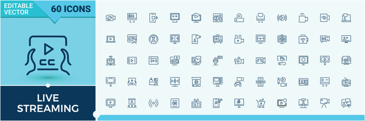 Set of Live Streaming line icons. Includes thin line computer, web, music, camera, screen, communication, movie. Thin outline icons pack. Editable stroke. Vector illustration.
