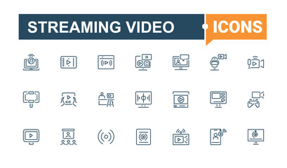 Streaming Video icon set. Icons record, music, stream, computer, technology, podcast, digital, streaming. Minimalistic icons. Editable stroke.