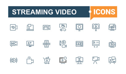 Streaming Video icon set. Icons record, music, stream, computer, technology, podcast, digital, streaming. Minimalistic icons. Editable stroke.