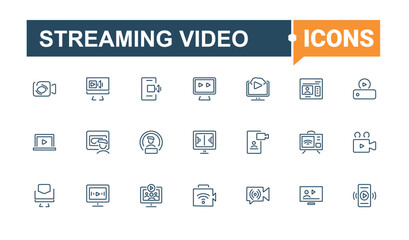 Streaming Video icon set. Icons record, music, stream, computer, technology, podcast, digital, streaming. Minimalistic icons. Editable stroke.