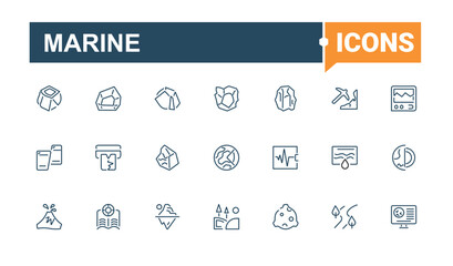 Marine isolated icon set. Includes icons for ship, ocean, wheel, vessel, sea, rope, eel, compass. Minimal linear icons. Editable stroke. Vector illustration.