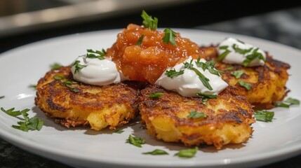 golden potato latkes served with sour cream and applesauce, garnished with fresh parsley, on a white plate. 