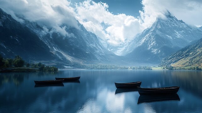 Tranquil Mountain Lake with Rowboats in Serene Mountainous Setting