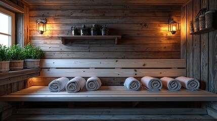 Interior of a sauna with fresh towels on the wooden bench for spa and relaxation